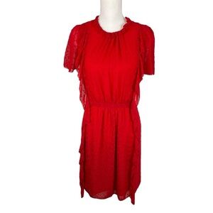 Monique Lhuillier | Red Chiffon Ruffle Floral Flutter Sleeve Dress